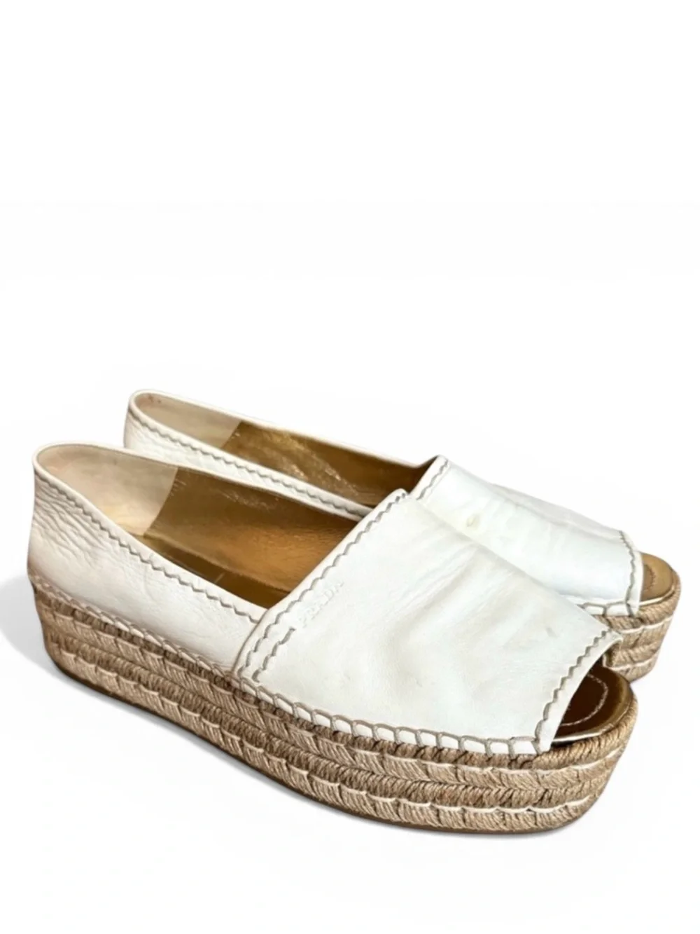 PRADA Platform Open Toe Espadrille White Nappa Leather